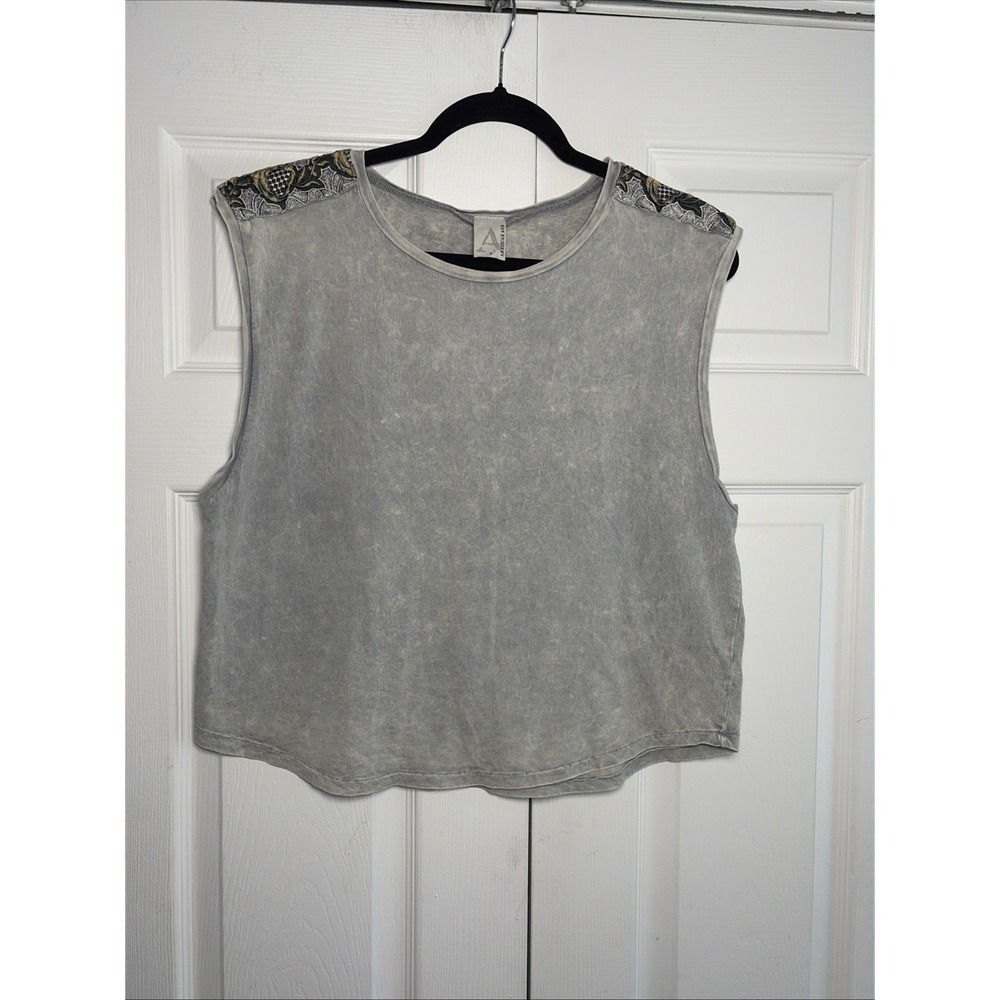 American Age Embroidered Muscle Tank Womens Size S Grey Mineral Wash Boho Cotton